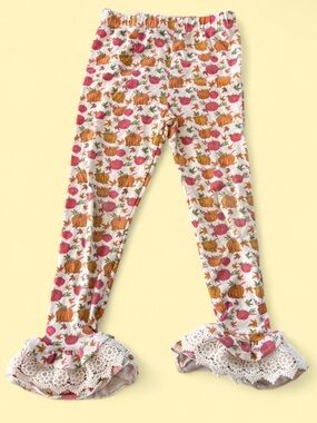 Girls Pumpkin & Floral Ruffle Leggings - Pink & Orange